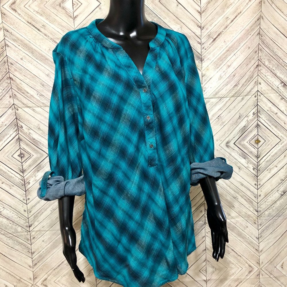 NWT cato 22/24 teal black plaid blouse tab sleeve